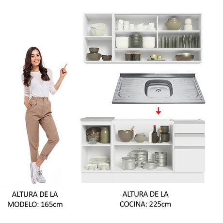 Cocina Integral Glamy Blanco 160x225cm con Mesón de Acero Inoxidable con Tres Muebles Superiores y sin Estufa - COCINAS | Bylmo