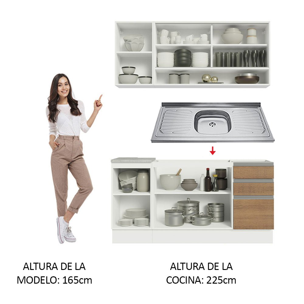 Cocina Integral Glamy Marron 160x225cm con Mesón de Acero Inoxidable y sin Estufa - COCINAS | Bylmo