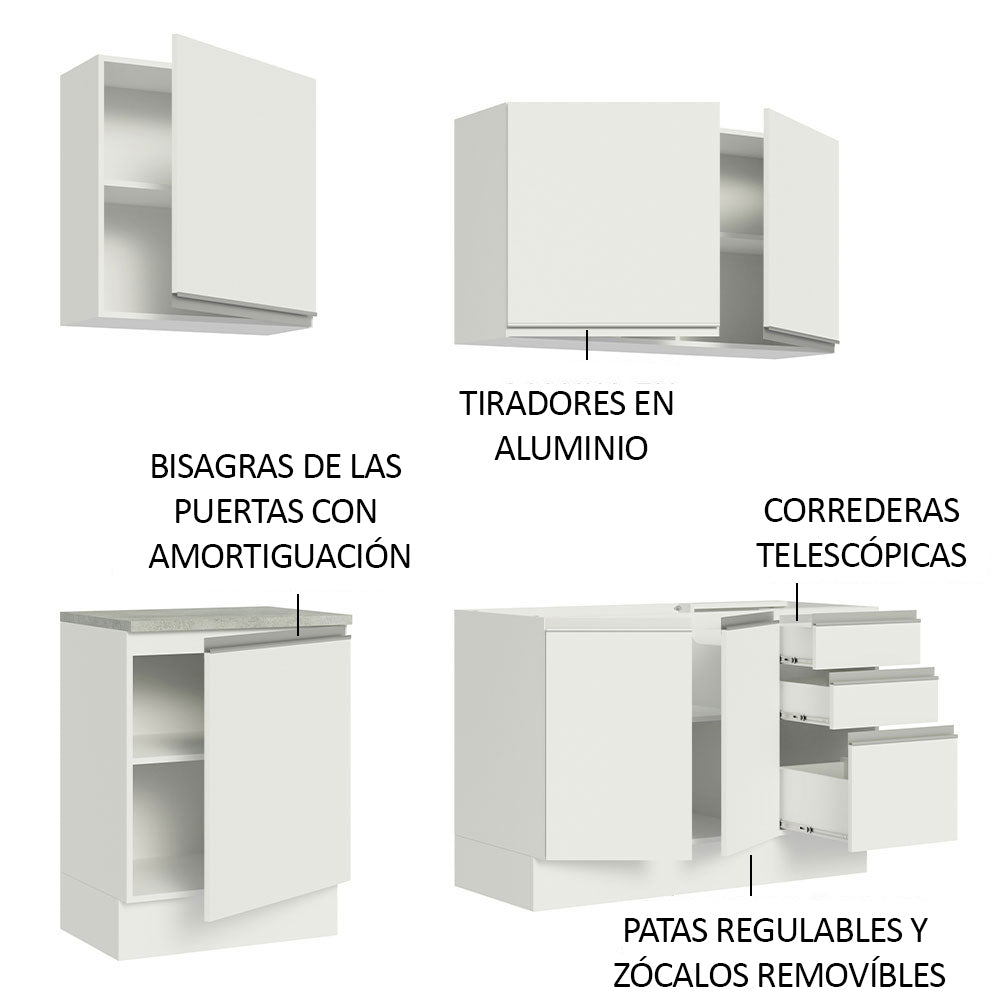 Cocina Integral Glamy Blanco 180x225cm con Mesón de Acero Inoxidable con Diez Entrepaños y sin Estufa - COCINAS | Bylmo