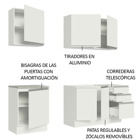 Cocina Integral Glamy Blanco 180x225cm con Mesón de Acero Inoxidable con Diez Entrepaños y sin Estufa - COCINAS | Bylmo