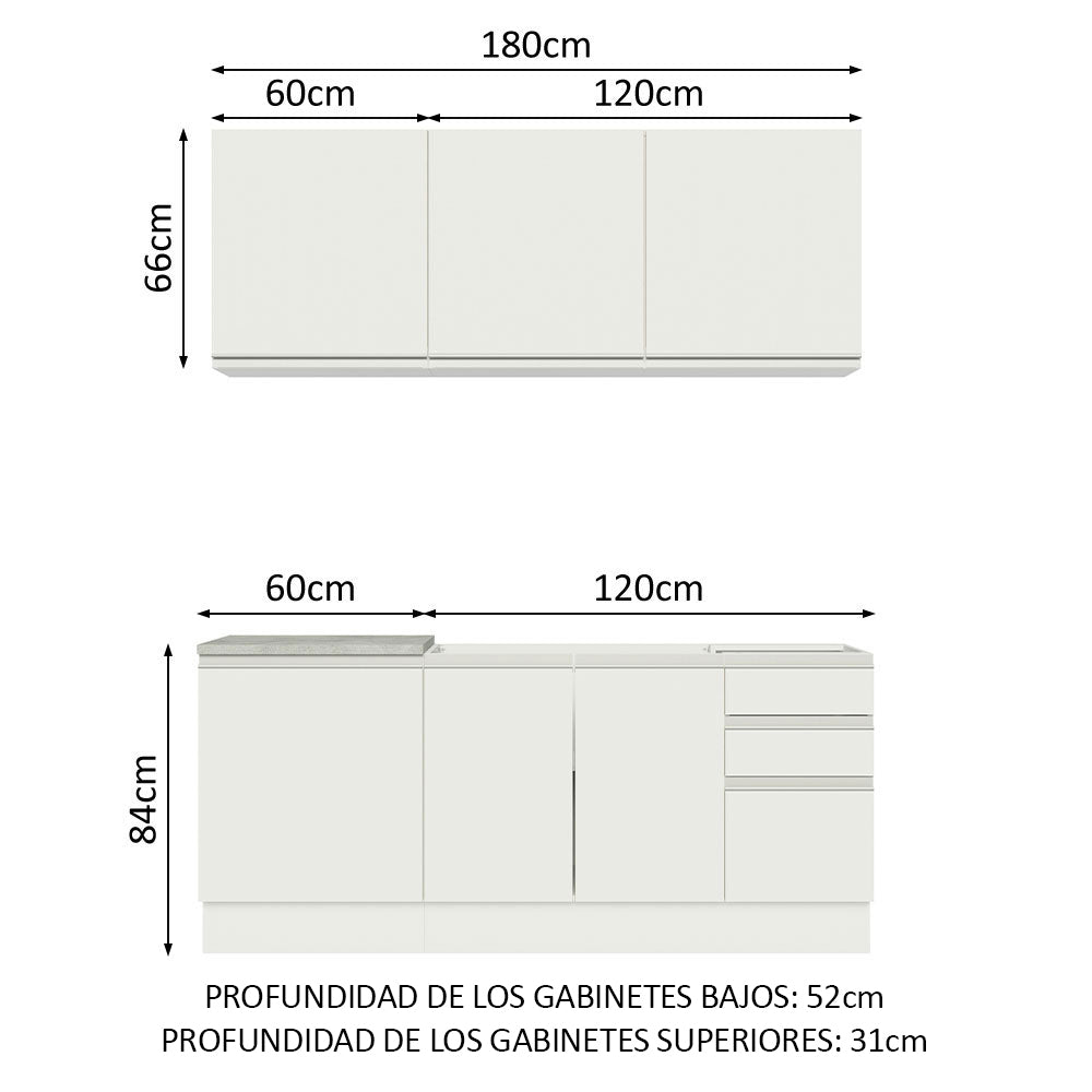 Cocina Integral Glamy Blanco 180x225cm con Mesón de Acero Inoxidable con Diez Entrepaños y sin Estufa - COCINAS | Bylmo