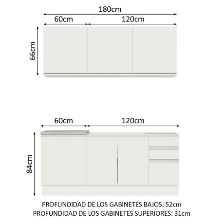 Cocina Integral Glamy Blanco 180x225cm con Mesón de Acero Inoxidable con Diez Entrepaños y sin Estufa - COCINAS | Bylmo