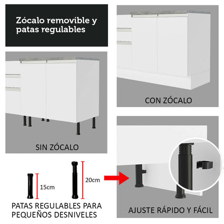 Cocina Integral Glamy Blanco 180x225cm con Mesón de Acero Inoxidable con Diez Entrepaños y sin Estufa - COCINAS | Bylmo
