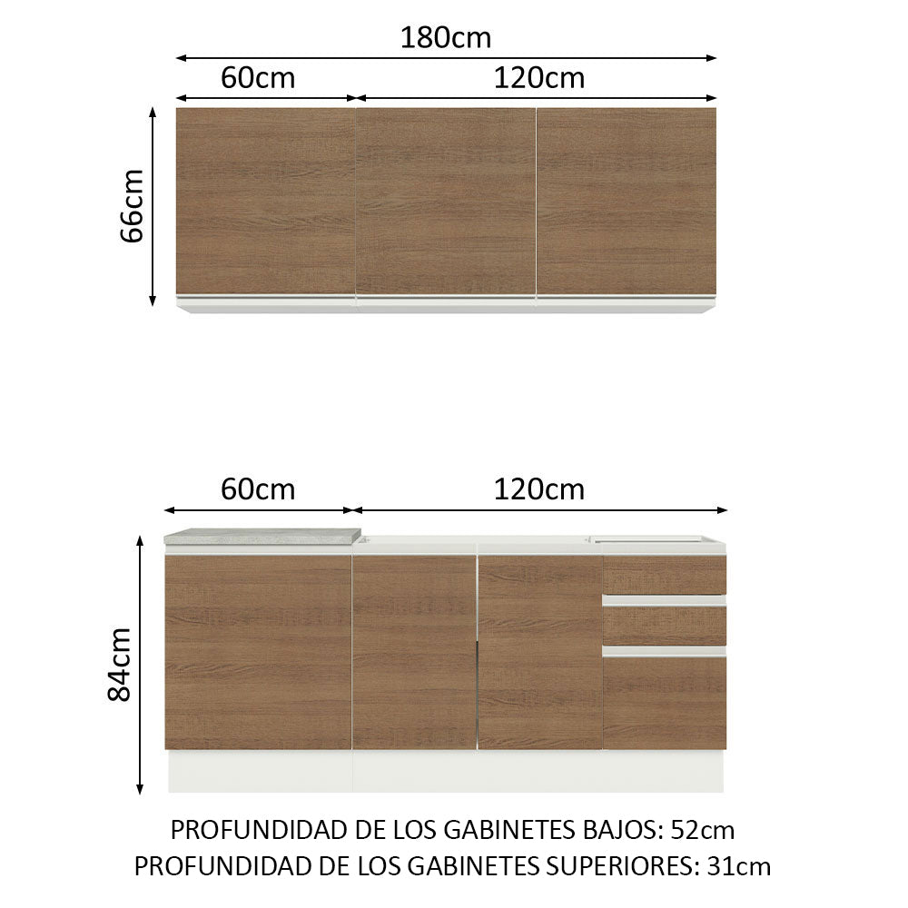 Cocina Integral Glamy Marron 180x225cm con Mesón de Acero Inoxidable con Diez Entepaños y sin Estufa - COCINAS | Bylmo