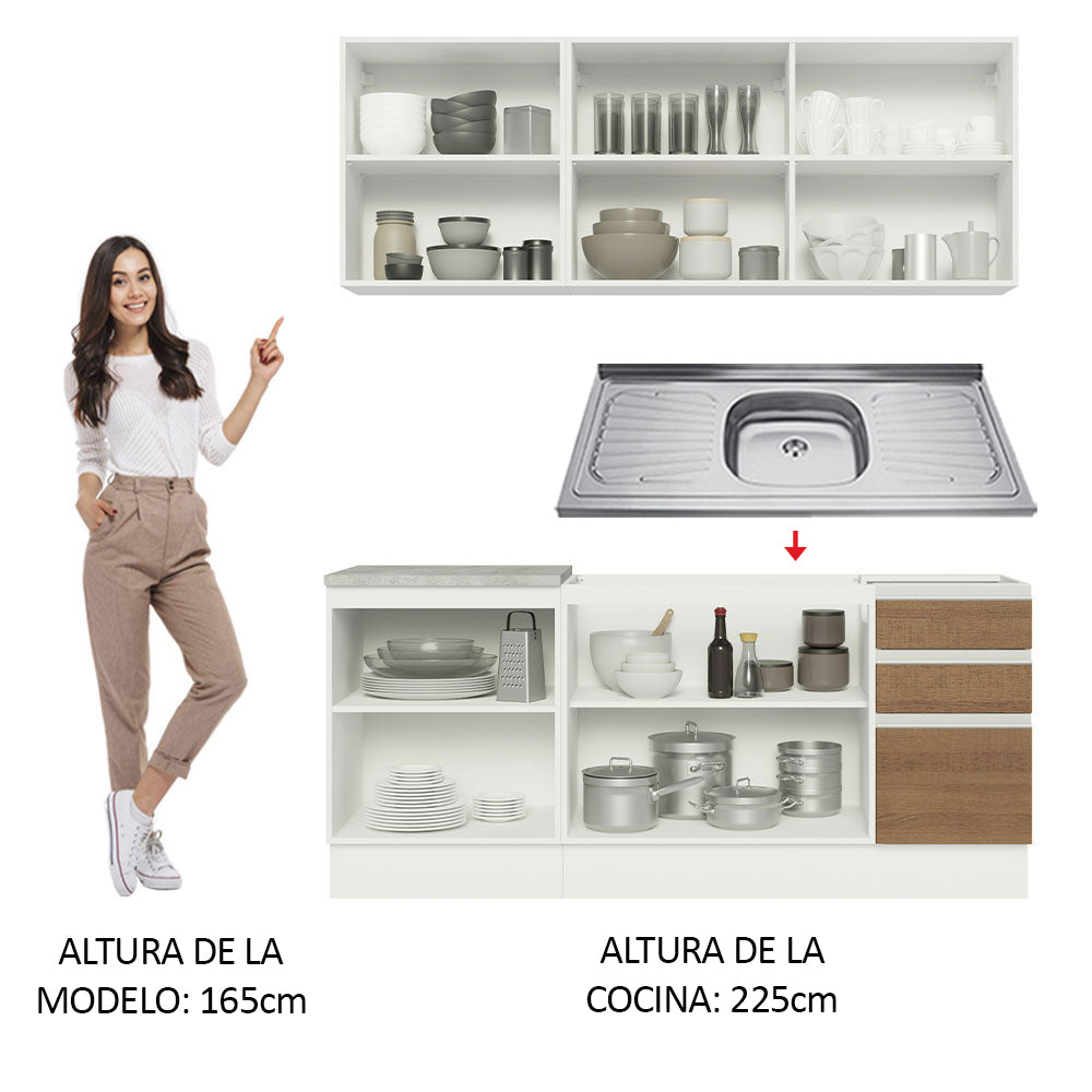 Cocina Integral Glamy Marron 180x225cm con Mesón de Acero Inoxidable con Diez Entepaños y sin Estufa