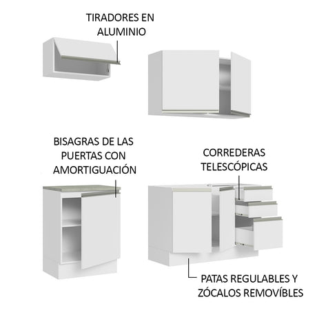 Cocina Integral Glamy Blanco 180x225cm con Mesón de Acero Inoxidable con Nueve Entrepaños y sin Estufa - COCINAS | Bylmo