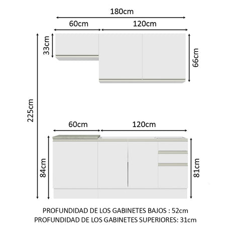 Cocina Integral Glamy Blanco 180x225cm con Mesón de Acero Inoxidable y sin Estufa - COCINAS | Bylmo