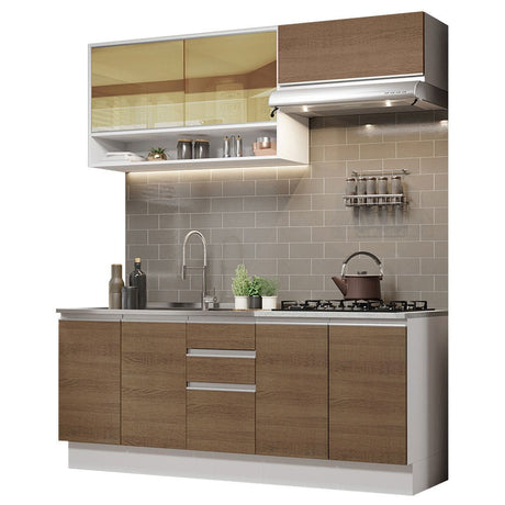 Cocina Integral Glamy Marron 200x225cm con Mesón de Acero Inoxidable con Dos Muebles Superiores y sin Estufa - COCINAS | Bylmo