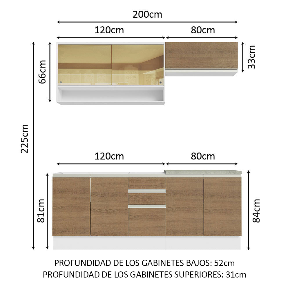 Cocina Integral Glamy Marron 200x225cm con Mesón de Acero Inoxidable con Dos Muebles Superiores y sin Estufa - COCINAS | Bylmo