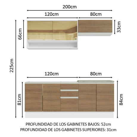 Cocina Integral Glamy Marron 200x225cm con Mesón de Acero Inoxidable con Dos Muebles Superiores y sin Estufa - COCINAS | Bylmo