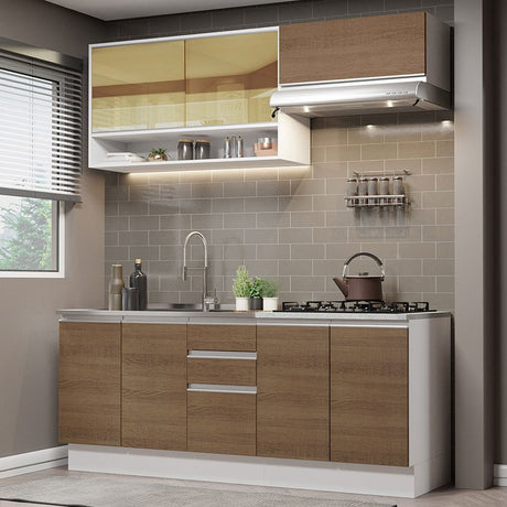Cocina Integral Glamy Marron 200x225cm con Mesón de Acero Inoxidable con Dos Muebles Superiores y sin Estufa - COCINAS | Bylmo
