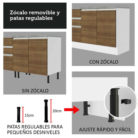 Cocina Integral Glamy Marron 200x225cm con Mesón de Acero Inoxidable con Dos Muebles Superiores y sin Estufa - COCINAS | Bylmo