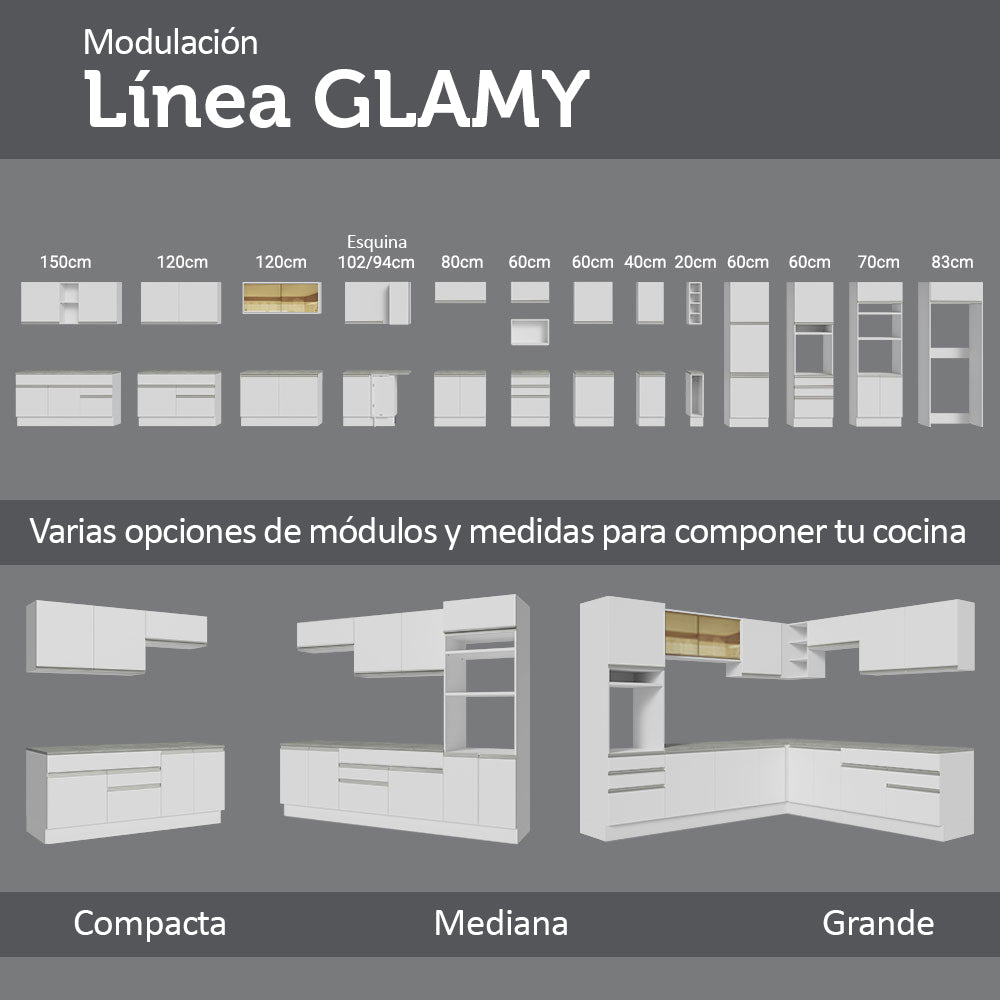 Cocina Integral Glamy Blanco 200x225cm sin Mesón con Dos Cajones y sin Estufa - COCINAS | Bylmo