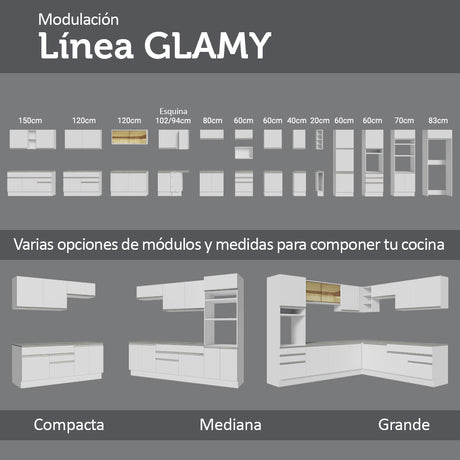 Cocina Integral Glamy Blanco 200x225cm sin Mesón con Dos Cajones y sin Estufa - COCINAS | Bylmo