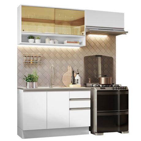 Cocina Integral Glamy Blanco 200x225cm sin Mesón con Tres Cajones y sin Estufa - COCINAS | Bylmo