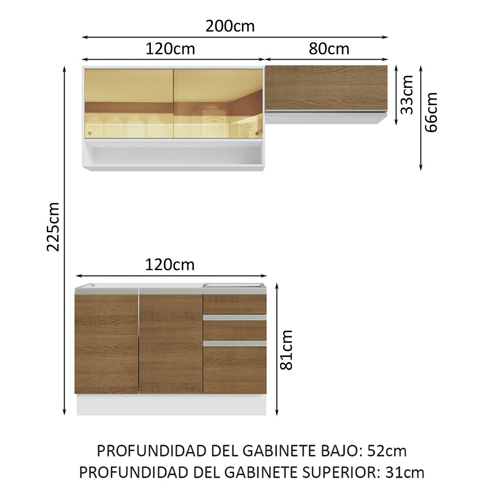 Cocina Integral Glamy Marron 200x225cm sin Mesón con Tres Cajones y sin Estufa - COCINAS | Bylmo