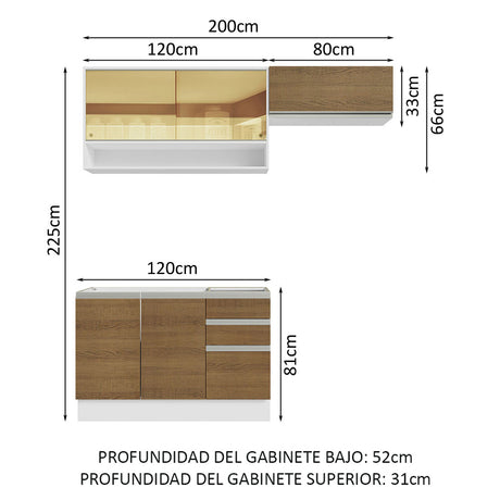 Cocina Integral Glamy Marron 200x225cm sin Mesón con Tres Cajones y sin Estufa - COCINAS | Bylmo