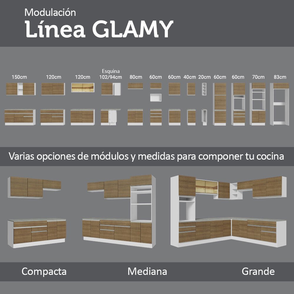 Cocina Integral Glamy Marron 200x225cm sin Mesón con Tres Cajones y sin Estufa - COCINAS | Bylmo