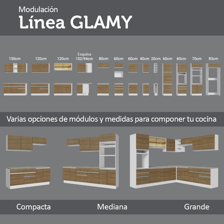 Cocina Integral Glamy Marron 200x225cm sin Mesón con Tres Cajones y sin Estufa - COCINAS | Bylmo