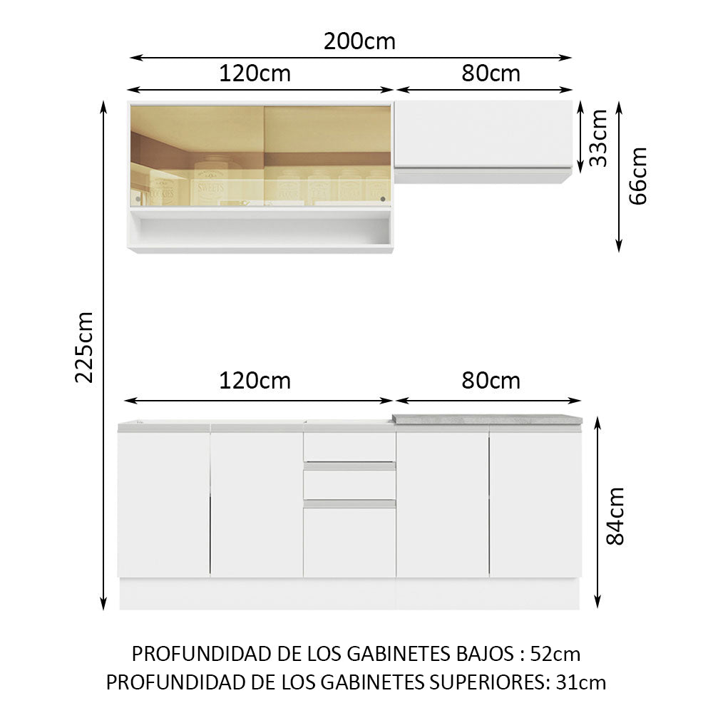 Cocina Integral Glamy Blanco 200x225cm con Mesón de Acero Inoxidable Con Tres Cajones y sin Estufa - COCINAS | Bylmo