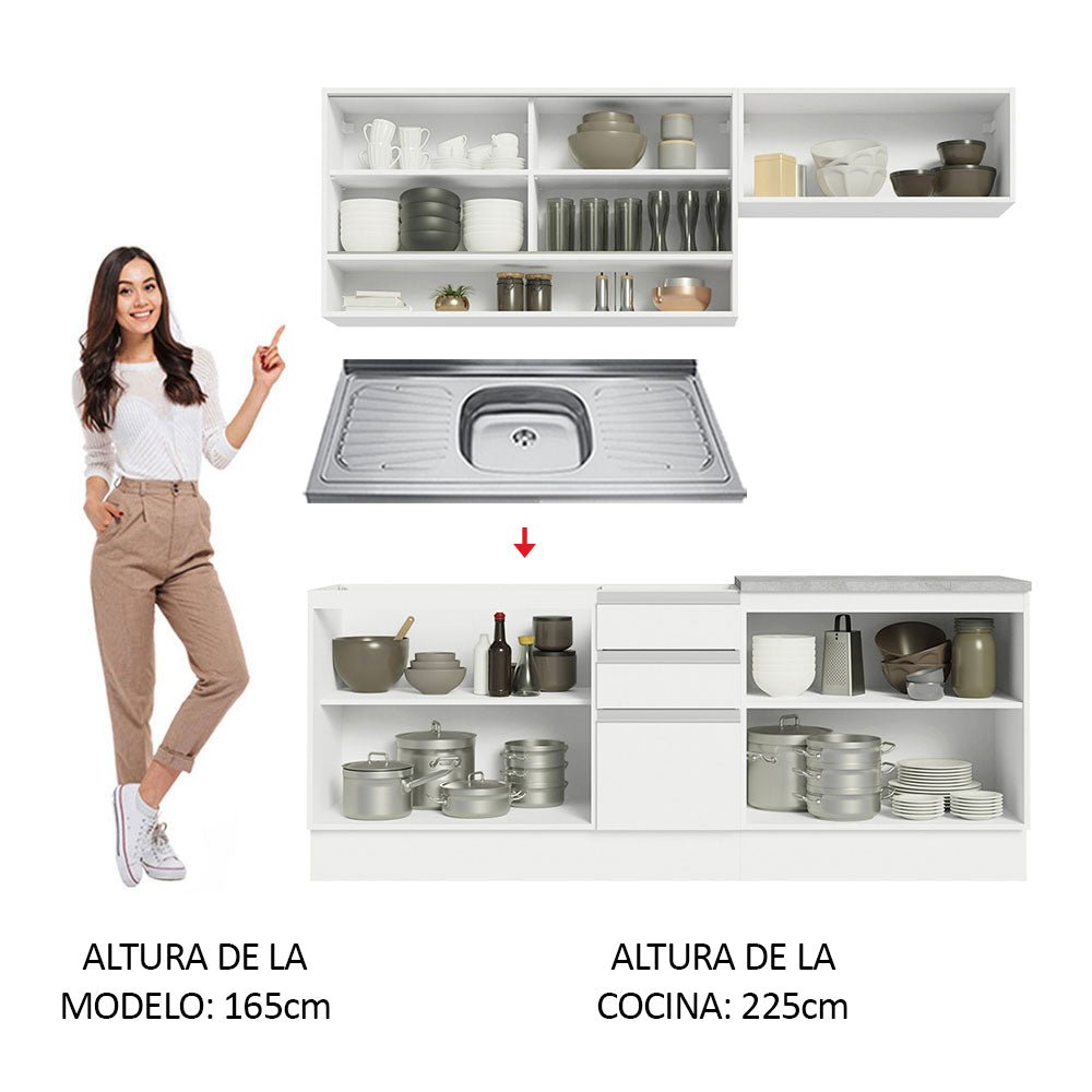 Cocina Integral Glamy Blanco 200x225cm con Mesón de Acero Inoxidable Con Tres Cajones y sin Estufa - COCINAS | Bylmo