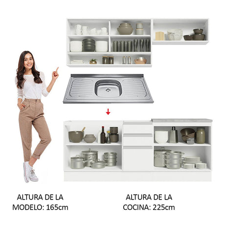 Cocina Integral Glamy Blanco 200x225cm con Mesón de Acero Inoxidable Con Tres Cajones y sin Estufa - COCINAS | Bylmo