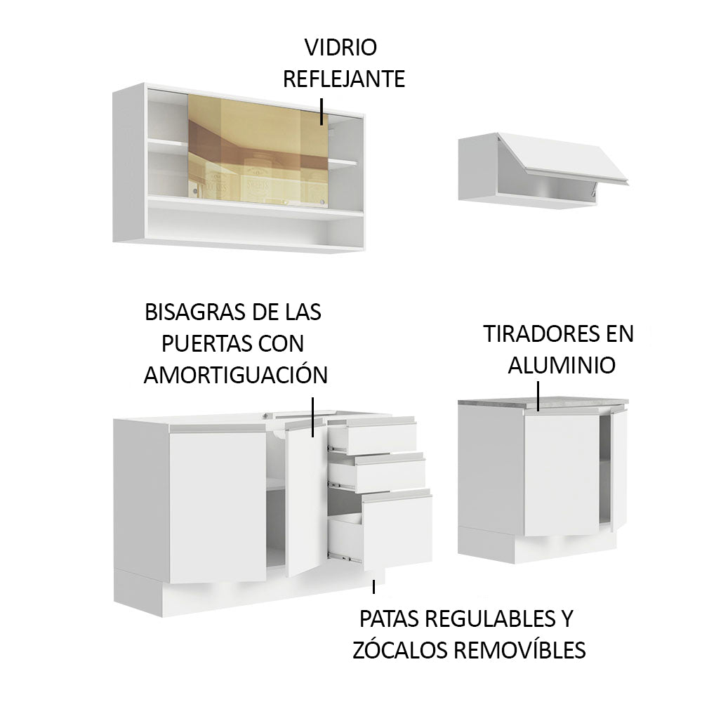Cocina Integral Glamy Blanco 200x225cm con Mesón de Acero Inoxidable Con Tres Cajones y sin Estufa - COCINAS | Bylmo