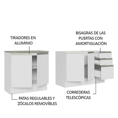 Cocina Integral Glamy Blanco 200x225cm con Mesón de Acero Inoxidable con Cuatro Entrepaños y sin Estufa - COCINAS | Bylmo
