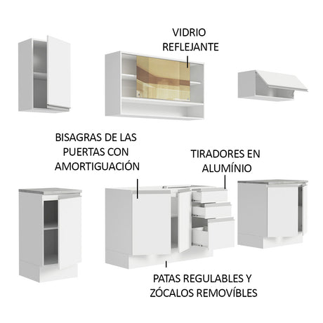 Cocina Integral Glamy Blanco 240x225cm con Mesón de Acero Inoxidable y sin Estufa - COCINAS | Bylmo