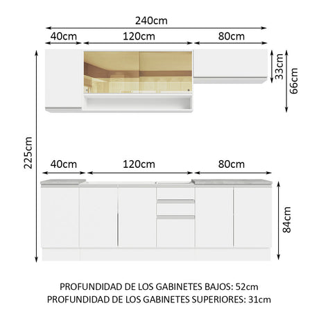 Cocina Integral Glamy Blanco 240x225cm con Mesón de Acero Inoxidable y sin Estufa - COCINAS | Bylmo