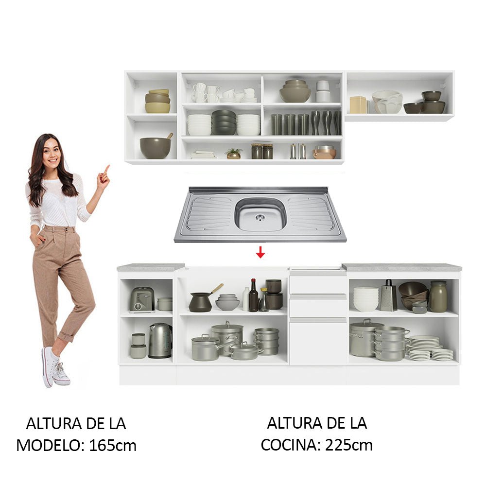 Cocina Integral Glamy Blanco 240x225cm con Mesón de Acero Inoxidable y sin Estufa - COCINAS | Bylmo