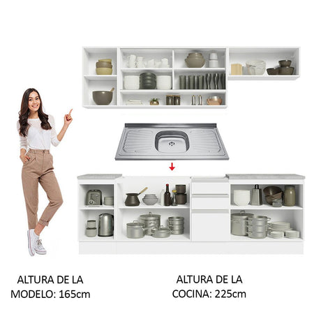 Cocina Integral Glamy Blanco 240x225cm con Mesón de Acero Inoxidable y sin Estufa - COCINAS | Bylmo