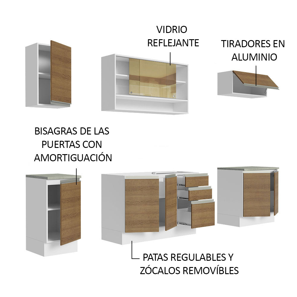 Cocina Integral Glamy Marron 240x225cm con Mesón de Acero Inoxidable y sin Estufa - COCINAS | Bylmo
