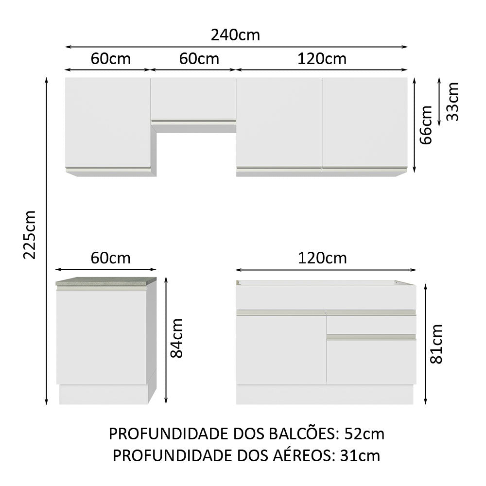 Cocina Integral Glamy Blanco 240x225cm sin Mesón con Seis Puertas y sin Estufa - COCINAS | Bylmo