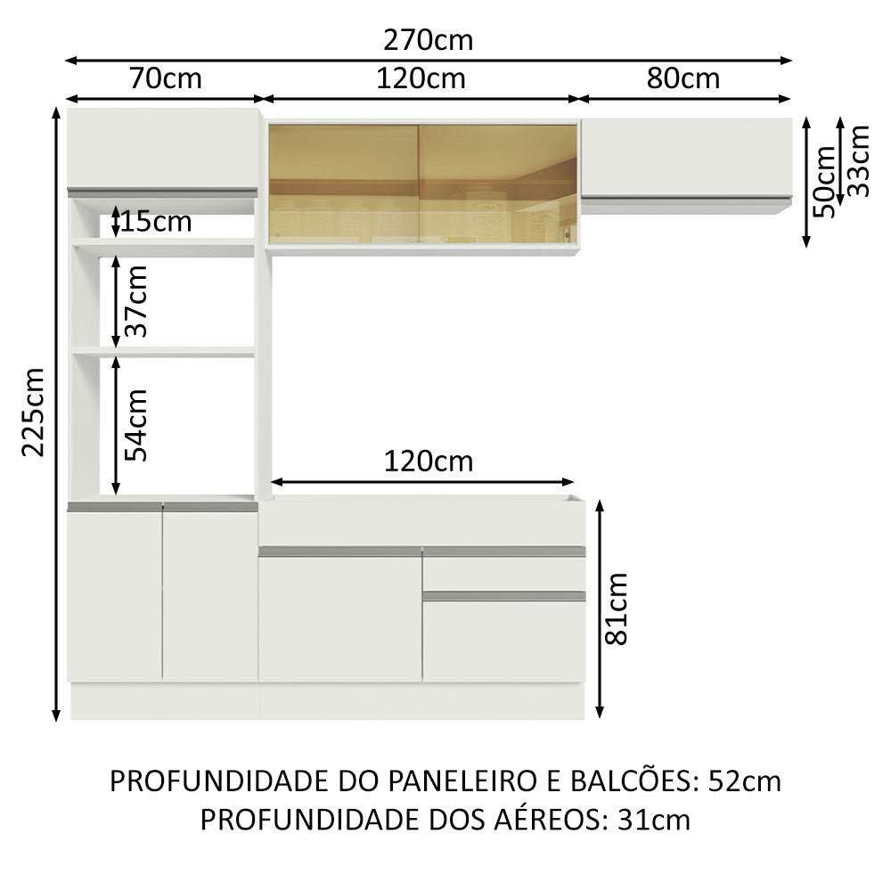 Cocina Integral Glamy Blanco 270x225cm sin Mesón con Siete Puertas y sin Estufa - COCINAS | Bylmo