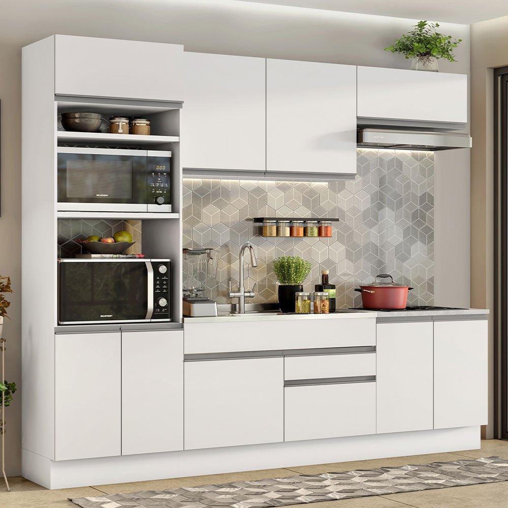 Cocina Integral Glamy Blanco 270x225cm sin Mesón con Nueve Puertas y sin Estufa - COCINAS | Bylmo