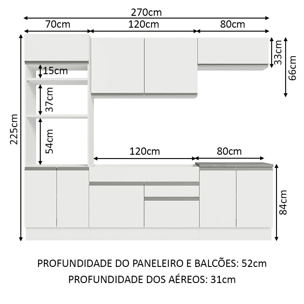 Cocina Integral Glamy Blanco 270x225cm sin Mesón con Nueve Puertas y sin Estufa - COCINAS | Bylmo
