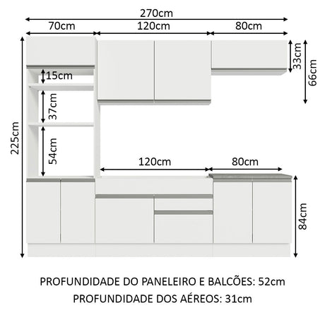 Cocina Integral Glamy Blanco 270x225cm sin Mesón con Nueve Puertas y sin Estufa - COCINAS | Bylmo