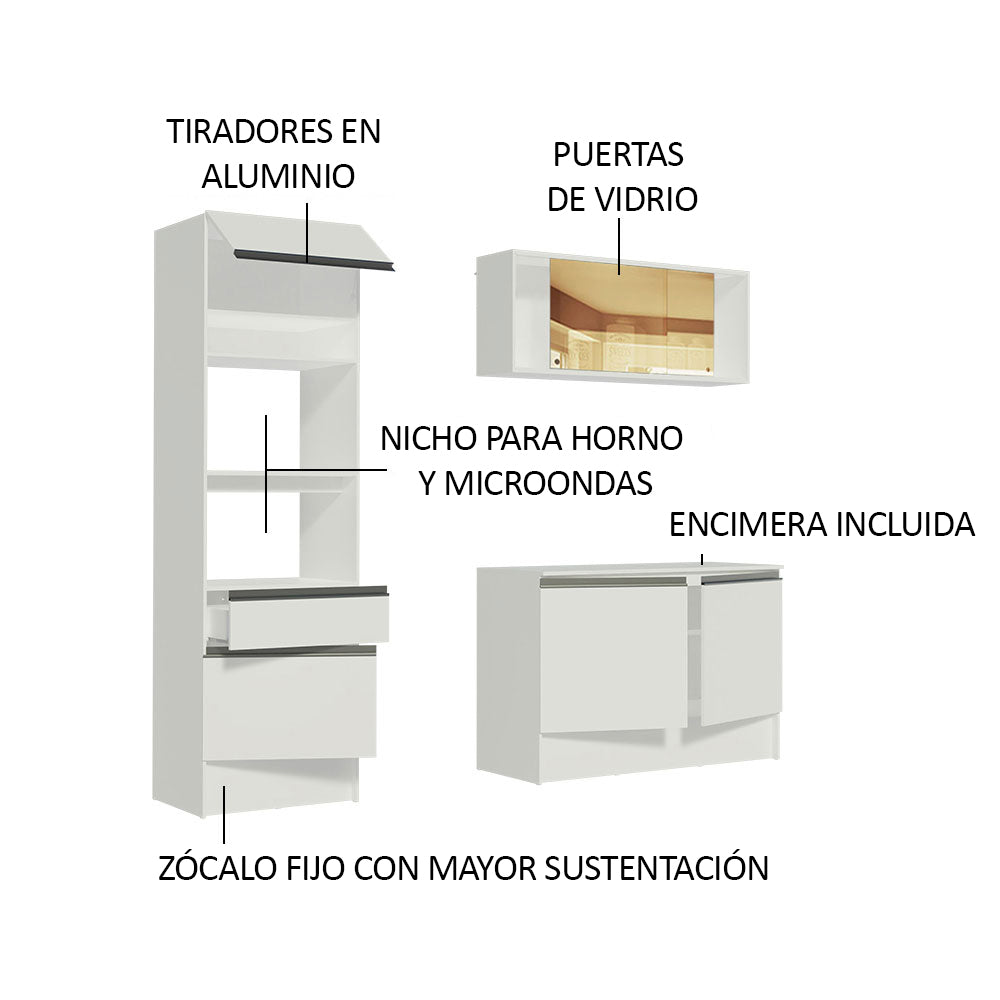 Cocina Integral Diamante Pop Blanco 180x210cm con Mesón de Madera y sin Estufa