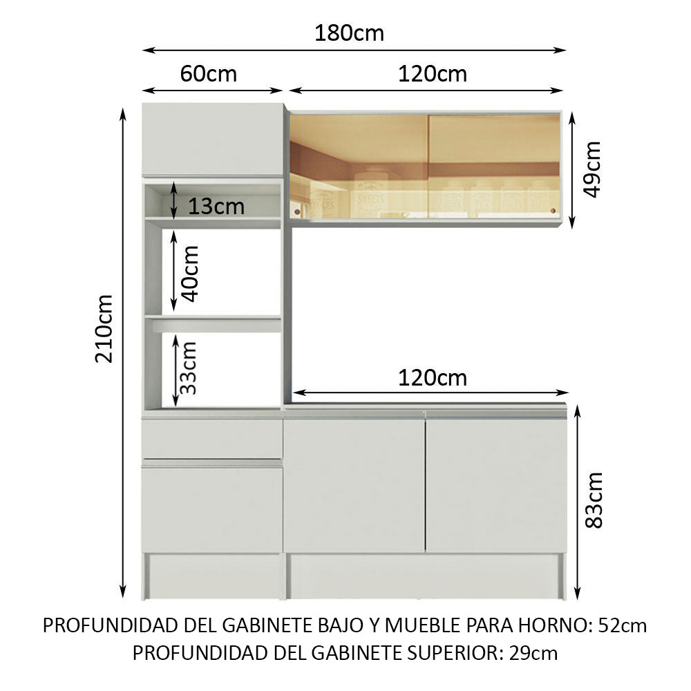 Cocina Integral Diamante Pop Blanco 180x210cm con Mesón de Madera y sin Estufa