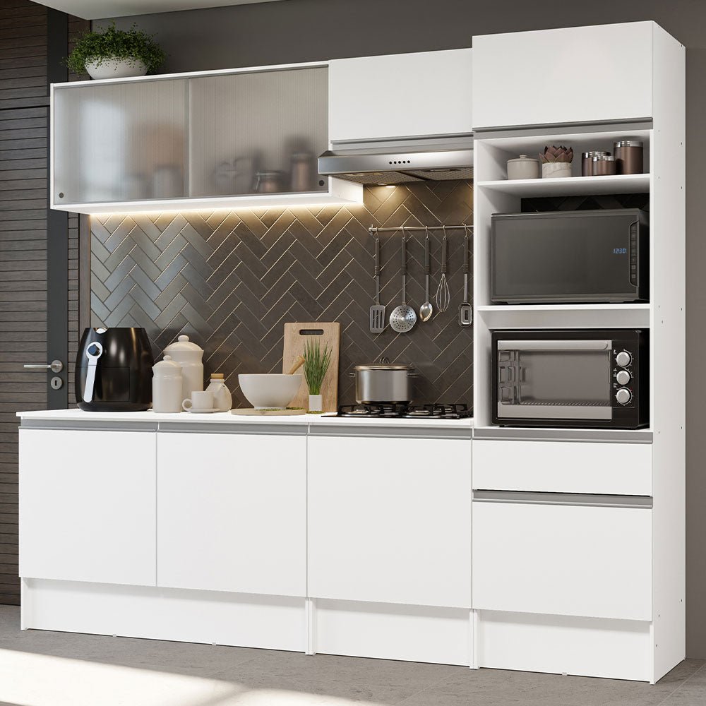 Cocina Integral Topazio Blanco 240x210cm con Mesón de Madera y sin Estufa - COCINAS | Bylmo