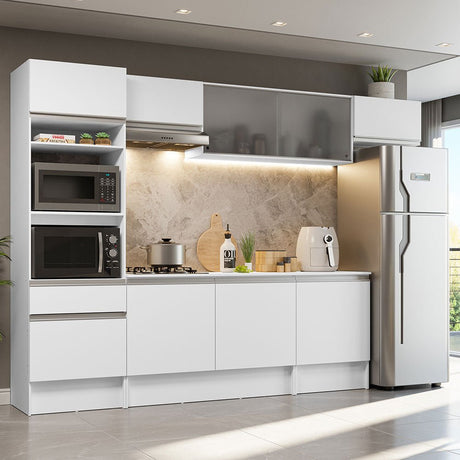 Cocina Integral Topazio Blanco 300x210cm con Mesón de Madera y sin Estufa - COCINAS | Bylmo