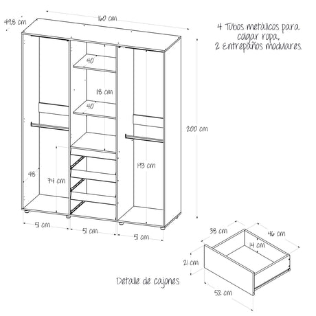 Closet Java Gales y Wengue 160x200cm con Tres Cajones y con Espejo - CLOSETS | Bylmo
