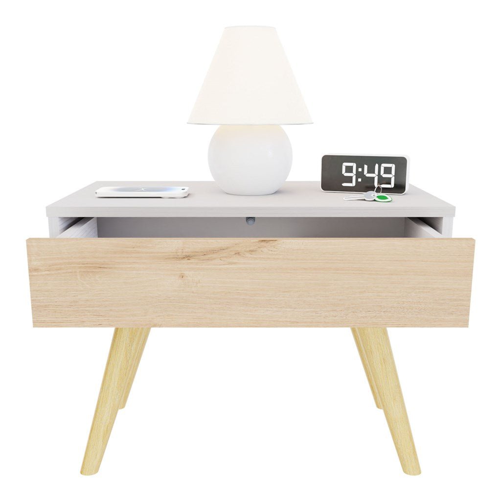 Mesa de Noche y de Centro Rigo Duna y Blanco 60x45cm con Patas y Un Cajón - MESAS DE NOCHE | Bylmo
