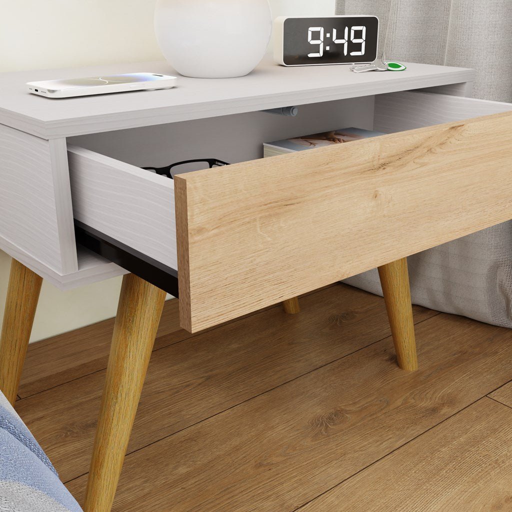 Mesa de Noche y de Centro Rigo Duna y Blanco 60x45cm con Patas y Un Cajón - MESAS DE NOCHE | Bylmo