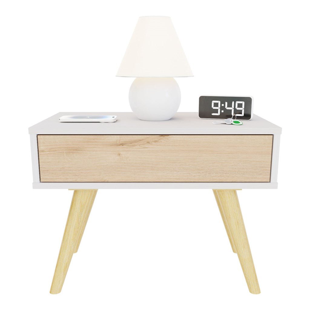 Mesa de Noche y de Centro Rigo Duna y Blanco 60x45cm con Patas y Un Cajón - MESAS DE NOCHE | Bylmo