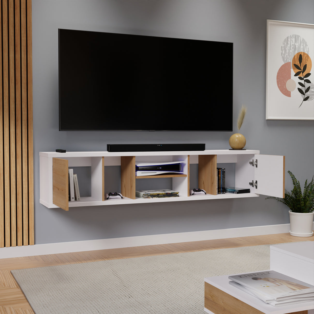 Mesa para TV Flotante Zafiro Blanco y Duna 160x35cm con Dos Cajones y para TV Hasta 65 Pulgadas - MUEBLES DE TV | Bylmo