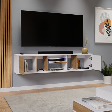 Mesa para TV Flotante Zafiro Blanco y Duna 160x35cm con Dos Cajones y para TV Hasta 65 Pulgadas - MUEBLES DE TV | Bylmo