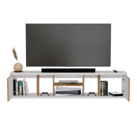 Mesa para TV Flotante Zafiro Blanco y Duna 160x35cm con Dos Cajones y para TV Hasta 65 Pulgadas - MUEBLES DE TV | Bylmo