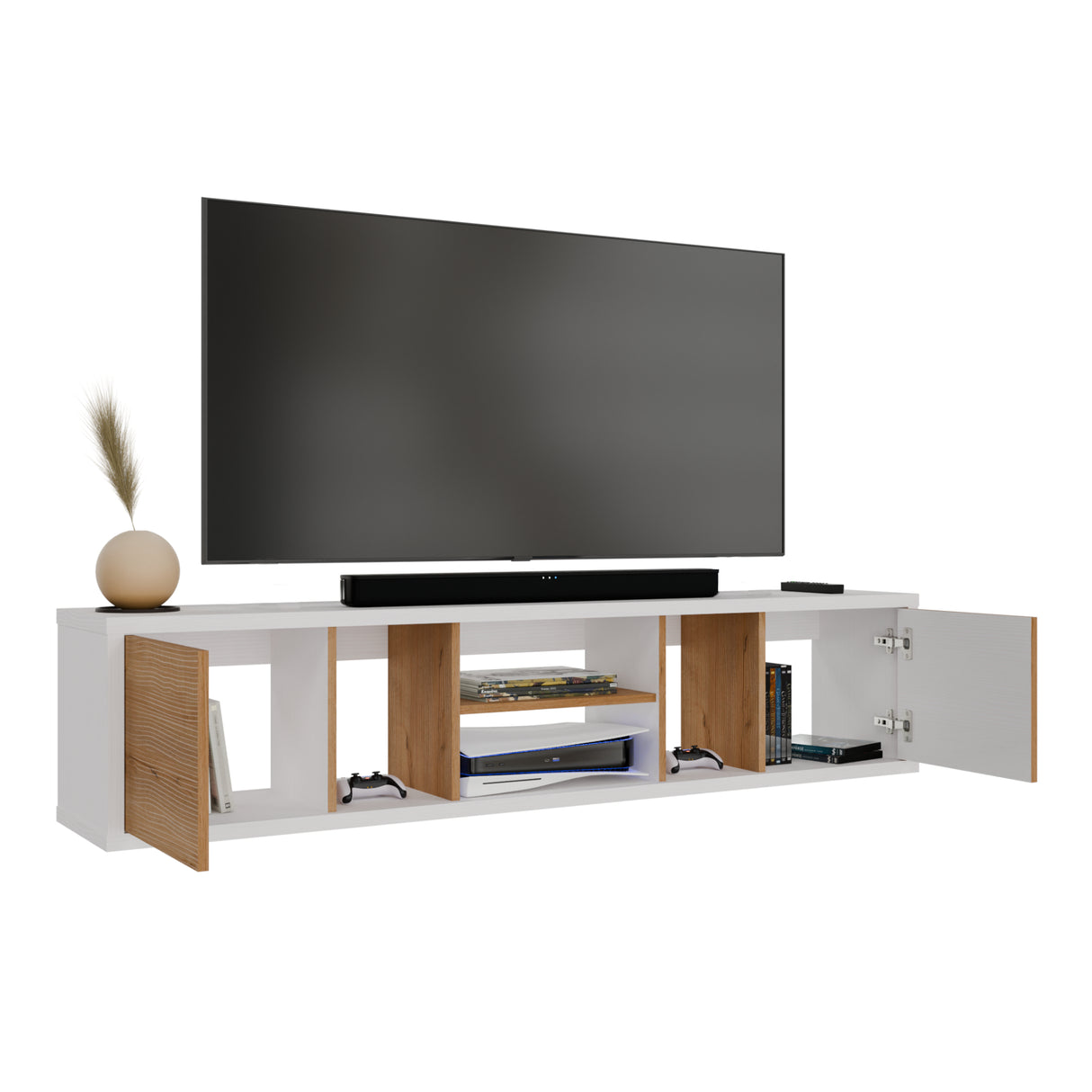 Mesa para TV Flotante Zafiro Blanco y Duna 160x35cm con Dos Cajones y para TV Hasta 65 Pulgadas - MUEBLES DE TV | Bylmo